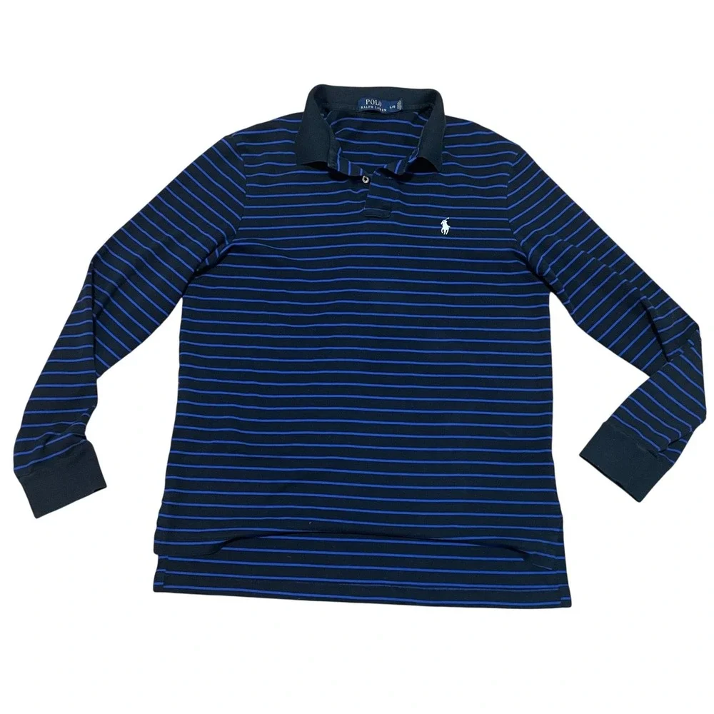 Polo Ralph Lauren Men's Large Long‎ Sleeve Preppy Striped Polo Shirt Navy Blue